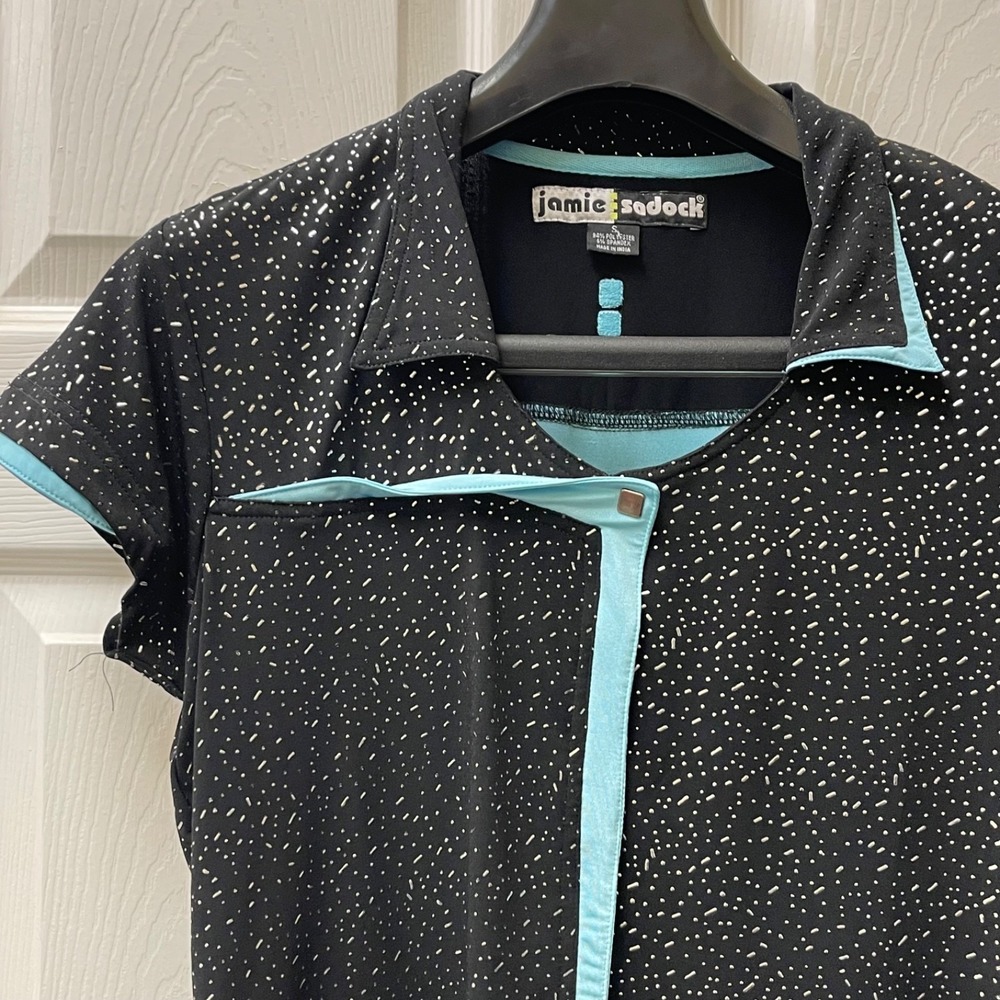 Vintage Jamie Sadock Women's Sz Small Black & Silver Metallic Scoop PoloShirt
